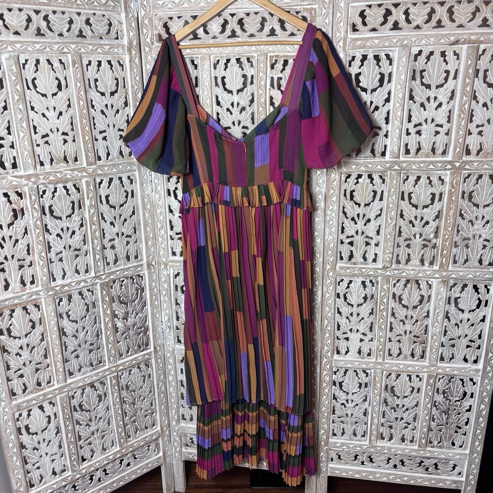 Farm Rio Painted Multicolor Stripes Tiered Maxi Dress L Patchwork Bohemian - Picture 6 of 9